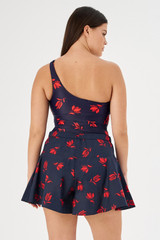 Profile view of model wearing the Oroton Dutch Tulip Skort in North Sea and 100% cotton for Women