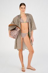 Profile view of model wearing the Oroton Gingham Bikini Top in Chocolate and 78% polyamide, 22% elastane for Women