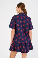 Profile view of model wearing the Oroton Dutch Tulip Print Camp Shirt in North Sea and 100% cotton for Women
