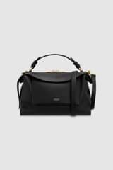 Front product shot of the Oroton Mica Small Bowler in Black and Pebble grain leather with smooth leather trims for Women