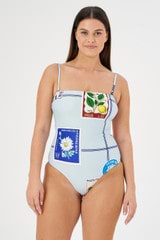 Profile view of model wearing the Oroton Picnic Print Bandeau One Piece in Pale Blue and 78% polyamide, 22% elastane for Women