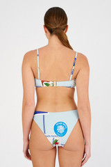 Profile view of model wearing the Oroton Picnic Print Bandeau Bikini Top in Pale Blue and 78% polyamide, 22% elastane for Women