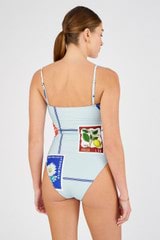 Profile view of model wearing the Oroton Picnic Print Bandeau One Piece in Pale Blue and 78% polyamide, 22% elastane for Women