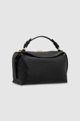 Back product shot of the Oroton Mica Small Bowler in Black and Pebble grain leather with smooth leather trims for Women