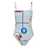 Front product shot of the Oroton Picnic Print Bandeau One Piece in Pale Blue and 78% polyamide, 22% elastane for Women